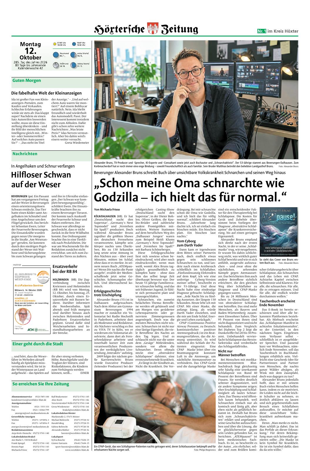 Zeitungsseite der Höxterschen Zeitung vom 12. Oktober 2026 mit dem Artikel von Michaela Friese über Alexander Bruns und ATEMpause!